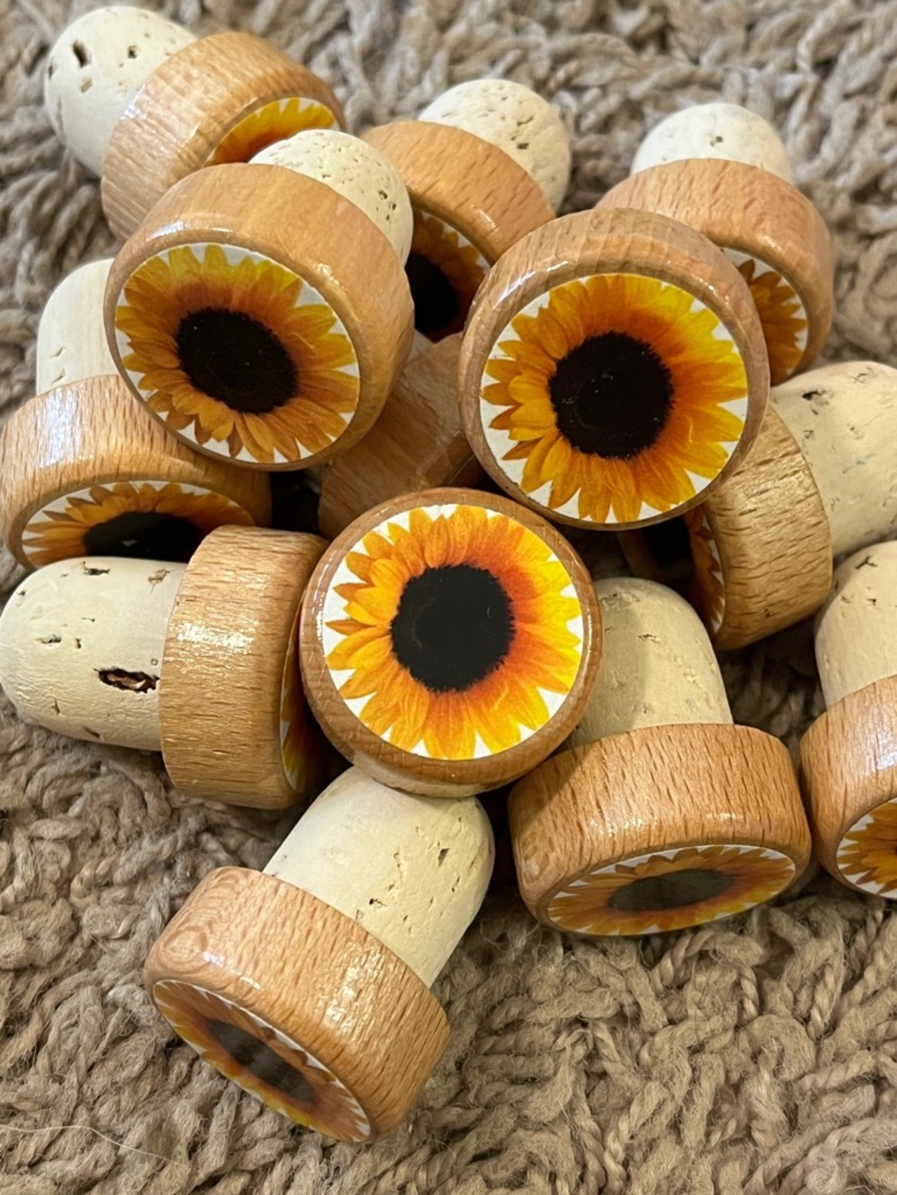 12 Sunflower Cork Bottle Stoppers - Natural Wood Finish